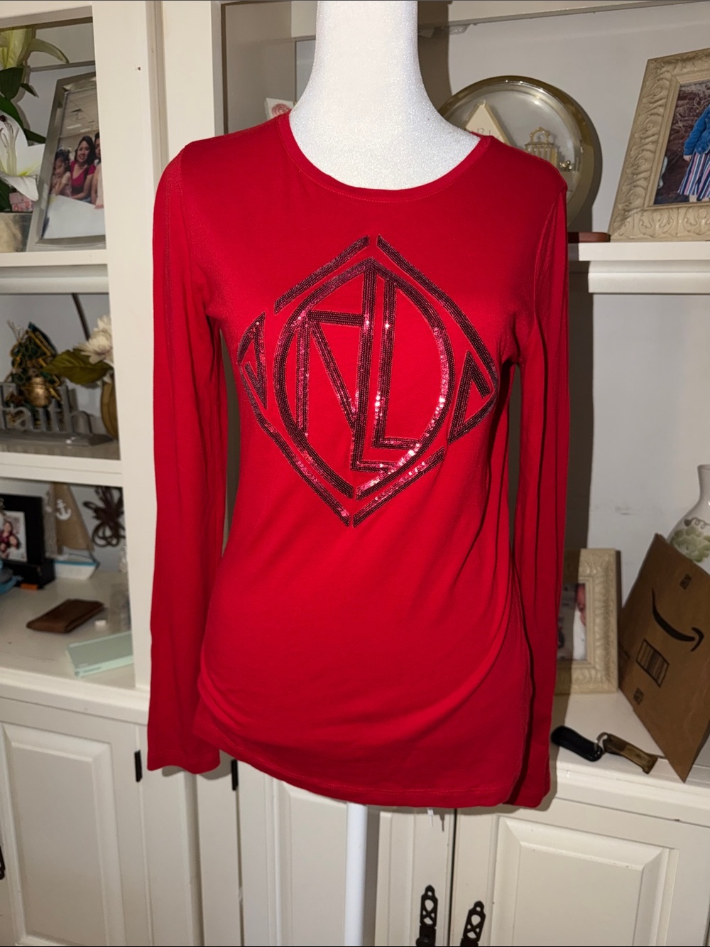 Women’s Red Long-Sleeve Sequin Logo Top